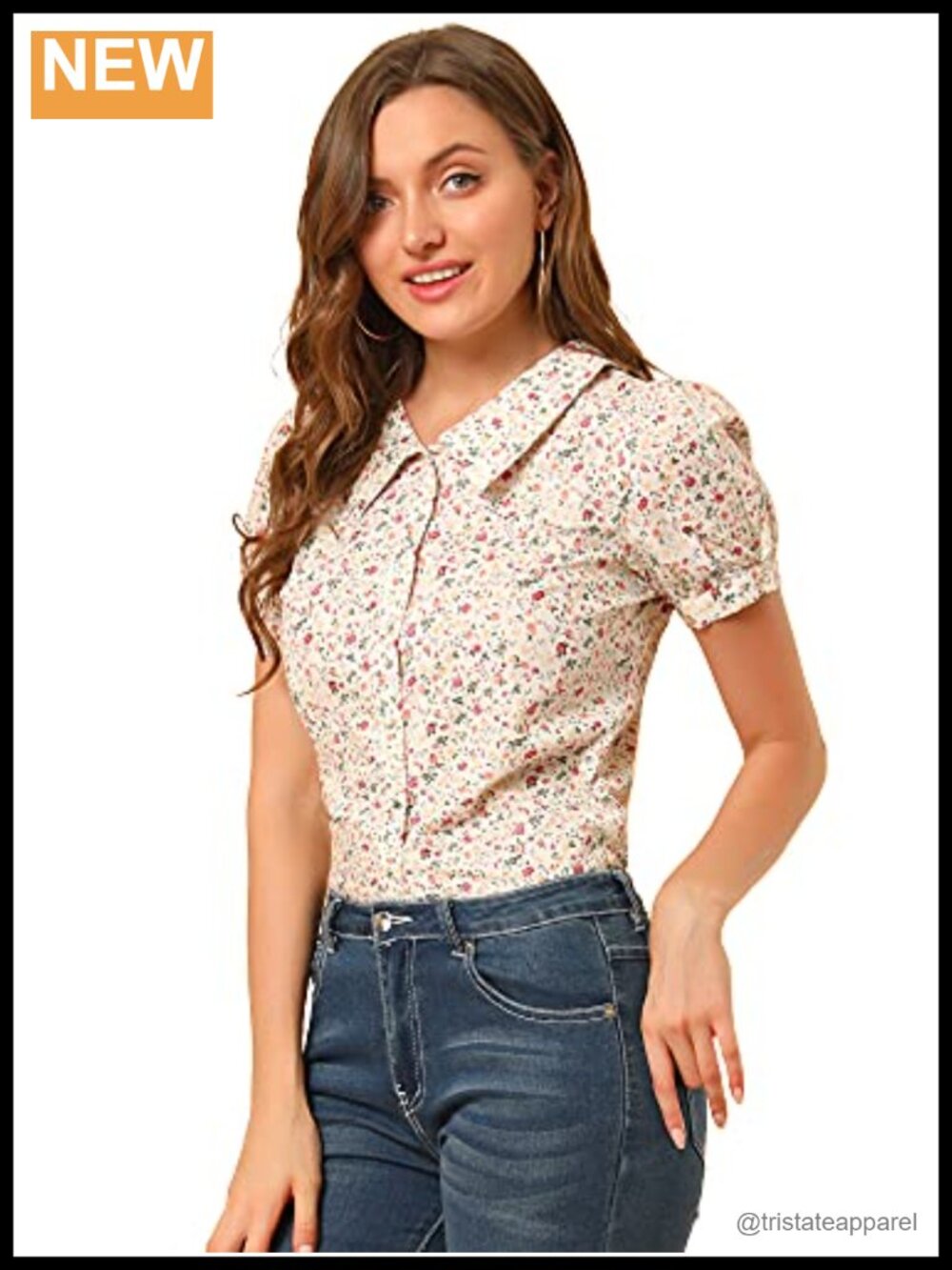 Women's Vintage Floral Puff Sleeve Button Down Blouse - Polyester Blend